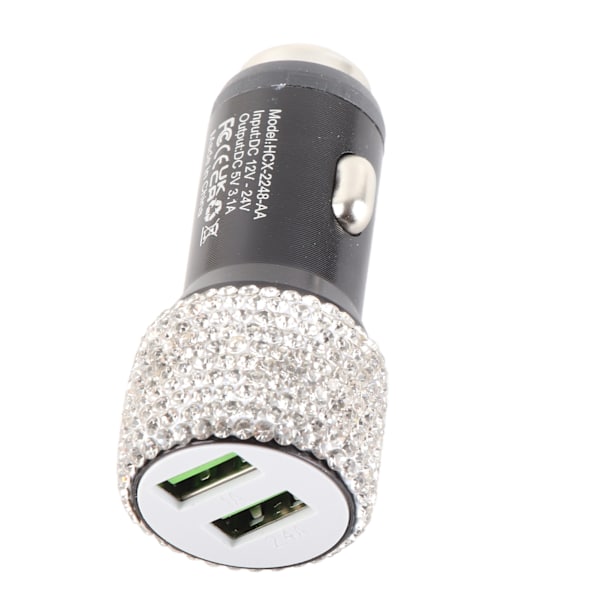 USB Billader 5V Rhinestone Dekoration Dual Port Hurtigopladningsadapter Bilinteriørtilbehør Hvid