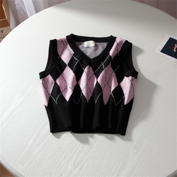 TIMH Vintage Plaid Sweater Vest Kvinder V-hals Ærmeløs Tank College Style strikkeoverdele til daglig