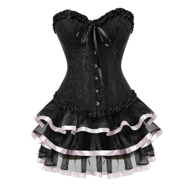 BE-F.ttmstte vintage viktoriansk Steampunk- set för damer, svart korsett med tutu-kjolar Showgirl-kostym Pink M