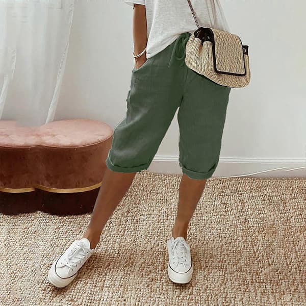 Bermudashorts for kvinner, snøring, elastisk midje, knelange shorts, bomullslin, lys grå L Light Gray L