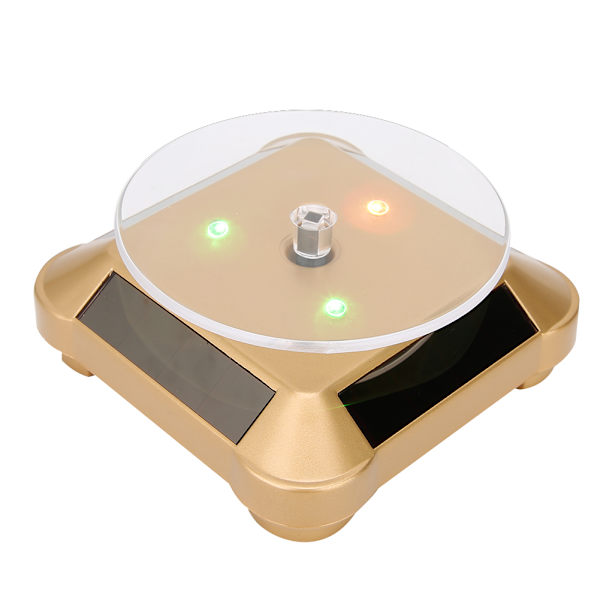 Solcellsdriven LED Elektrisk Roterande Turntable Displayställ för Smycken Telefon Guld med Ljus