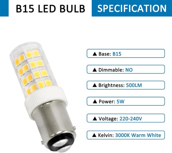 【BEMS】5W LED Sewing Machine Bulb B15d, 220-240V, Equivalent to 40W Incandescent Bulb, Non-Dimmable, 2-Pack