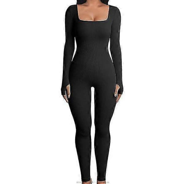 Træningsjumpsuits til damer Ribstrikkede langærmede sportsjumpsuits sorte Black XL