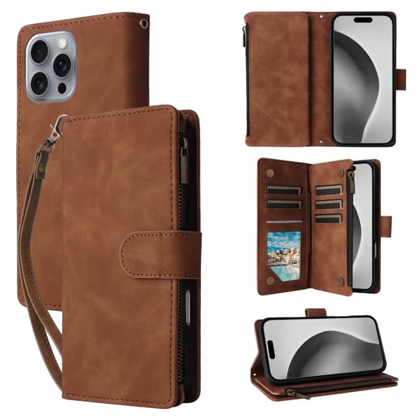 【BEMS】iPhone 16 Pro Max Case - Crossbody Case with Multiple Card Slots and Zipper Brun