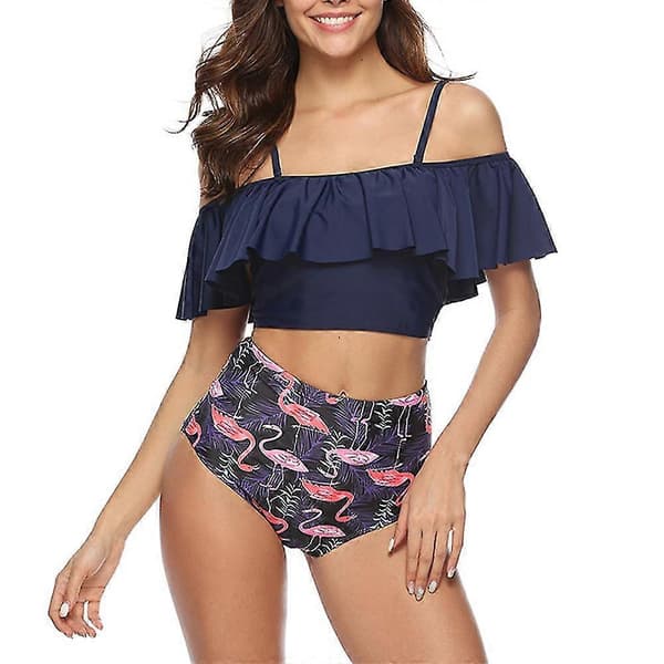 【BEMS】Bikini för kvinnor Vadderad Ruffle Cold Shoulder Toppar + Hög Midja Trosor Set Baddräkt A S
