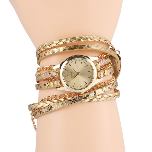 Kvinnor Braid Weave Armband Quartz Analog Rund Watch Armbandsur (Guld)/