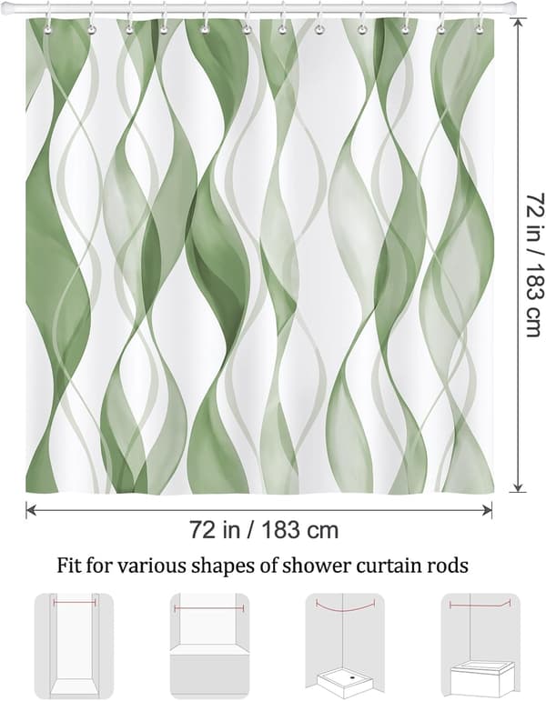 Duschdraperi med vågformad gradient – modern minimalistisk stil – 180×180 cm – vattentät och mögelresistent polyester – 12 krokar ingår Grön[BEMS]