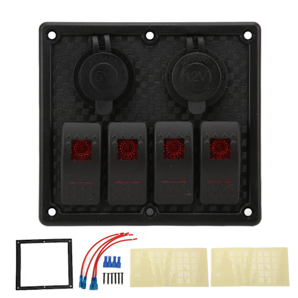 4-osainen keinukytkinpaneeli LED Vedenpitävä Kaksois-USB-latausportti 12‑24V DC 4,8A matkailuautoihin jahteihin punainen
