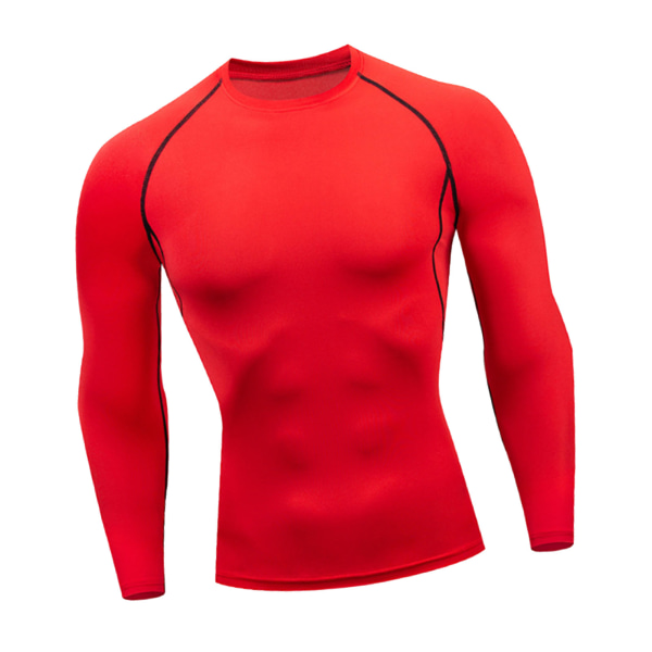 Menn kompresjonsskjorte rød rund hals raskt tørr elastisk pustende langermet atletisk treningsskjorte for løping gym sport rød XXL