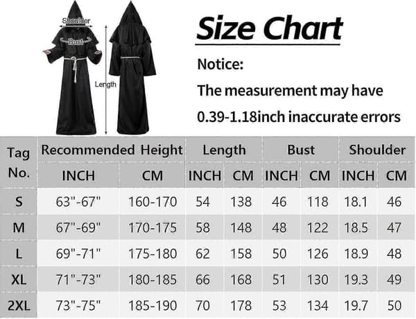 Middelalderlig kåbe til voksne, unisex, middelalderkappe, kappe, munk, præst, troldmand, tunika, 3 dele [BEMS] Black Large