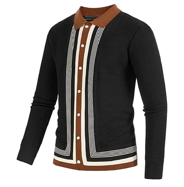 Herre Stripete Langermet Poloskjorte Svart Black 3XL