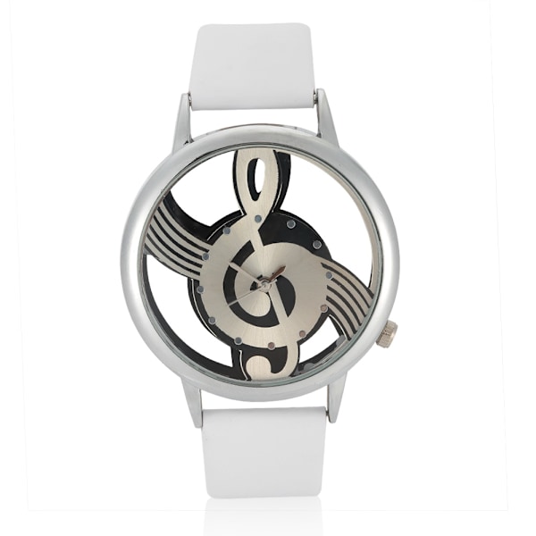 Quartz Analog Couple Watch Round Hollow Musical Note Dial PU Strap Wristwatch (White Strap)