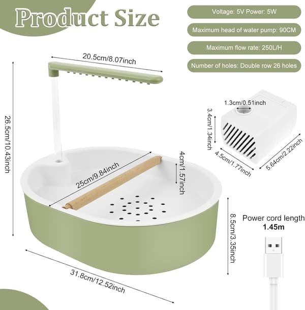 Bird bath, 32 x 26 cm, for parakeets, polypropylene, automatic rainter circulation, bird shower, with 26 ter outlets for green