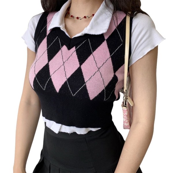 TIMH Vintage Rutig tröja Väst Kvinnor V-hals Ärmlös Tank College Style Stickning Toppar för dagliga