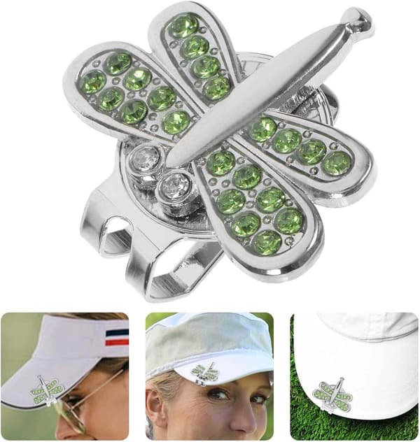 Golfbollmarkör med golfhattklämma, strass-golfhattklämma, glänsande trollsländegolf