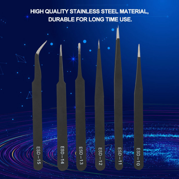 6 STK Antistatisk pincet Rustfrit stål pincet vedligeholdelsesværktøj/