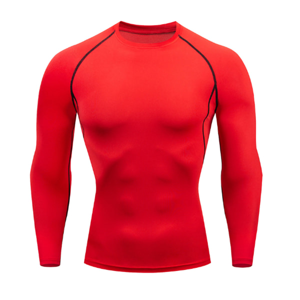 Mænd kompressionsskjorte rød rund hals, hurtigtørrende elastisk åndbar langærmet atletisk træningstrøje til løbegymnastik Sport Rød XXL