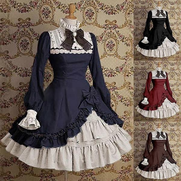 Dammode Viktoriansk stil Pigklänning Eleganta klänningar för kvinnor Söt Lolitaklänning Puffärmar black S