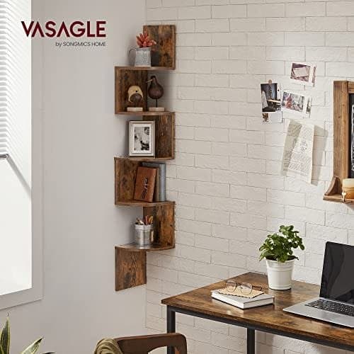 【BEMS】Vasagle Corner Shelf, Wall Shelf, 5 Tiers, Zigzag Floating Shelf, Bookshelf, Brown 4.5