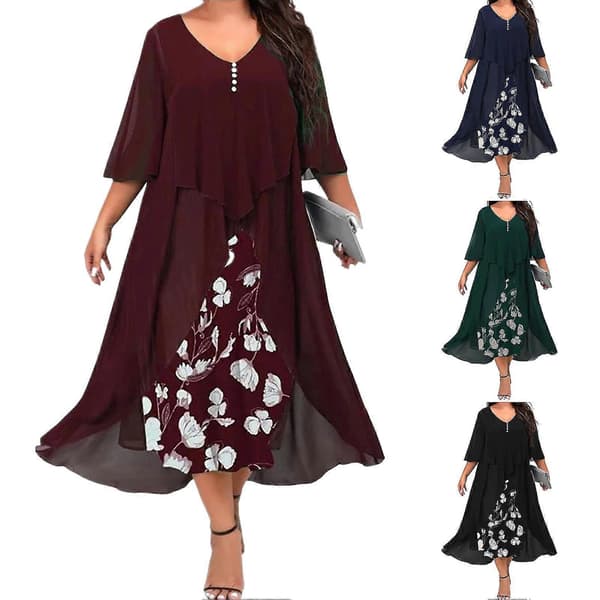 Långklänning Halvärmad Chiffong Skarvning V-ringning Lös midja Swing Stor fåll Elegant Blommig Maxiklänning för Dam för Hösten-XinHan Black M