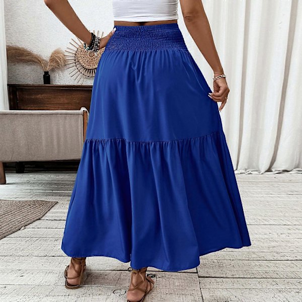 【BEMS】Lång klänning, hippie bohemisk elastisk midjekjol Blå M Blue M