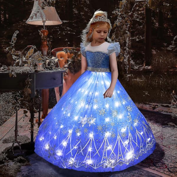 Anna Elsa Led Glödande Klänning Flickor Jul Rollspel Festklänning Snödrottning Karneval Balklänning C Set A 7-8 (140)