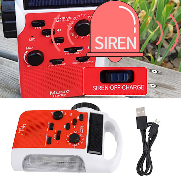 Solcellsdriven Bärbar Handvev Multifunktionell AM FM Radio Mobiltelefon Powerbank LED Ficklampa Nödlarm (Röd)