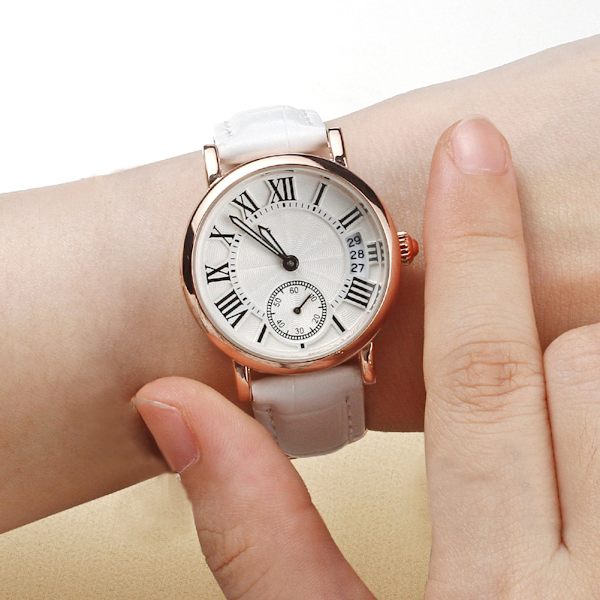 Sanda Kvinder Analog Rund Kvarts Læderrem Dato Ur Klassisk Armbåndsur (Hvid Rem)