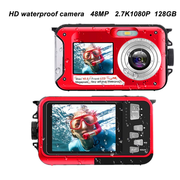 Fuld HD 2.7K 48MP 10ft vandtæt undervands digitalkamera 16X digital zoom Front Bagpå Dobbeltskærme Vandtæt digitalkamera Rød /