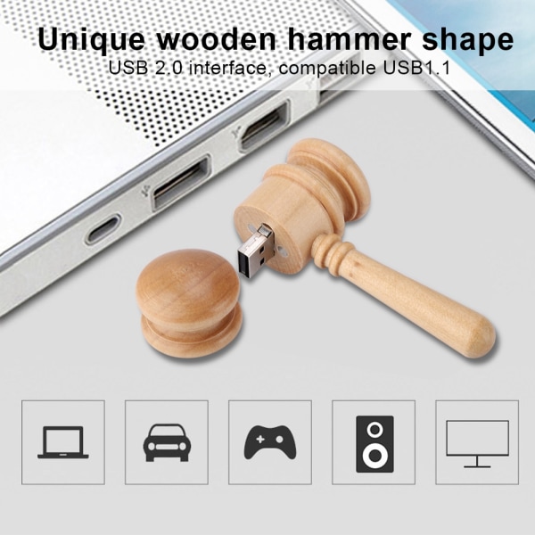 Wooden Hammer Shape Datalagring USB 2.0 Flash Drive U Memory Disk kompatibel USB1.1(32GB)++