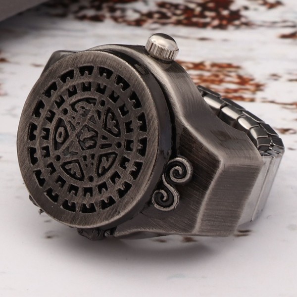 Finger Ring Watch Flip Up Cover Vintage Finger Quartz Ring Watch för män Man (svart)-+