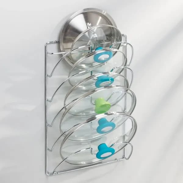 【BEMS】Shelf - Practical Wall-Mounted Lid Holder Compatible with Kitchen Utensils, Chrome Metal (1 pc, 5 Tiers, Silver)