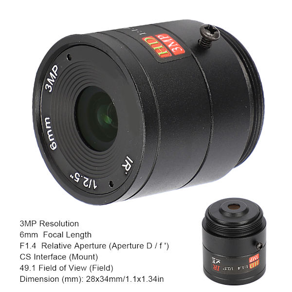 6mm 3MP HD F1.4 1/2.5 CS-fäste CCTV-objektiv för kamera