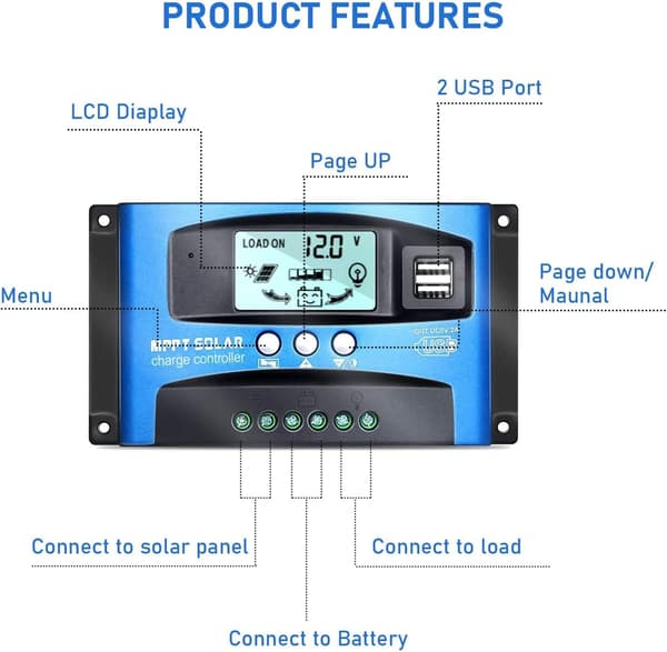 100A 12V 24V Automatisk Solcelleladeregulator, 100A Solpanelregulator med 5V Dobbelte USB-porte og LCD-skærm til Bly- og Lithiumbatterier