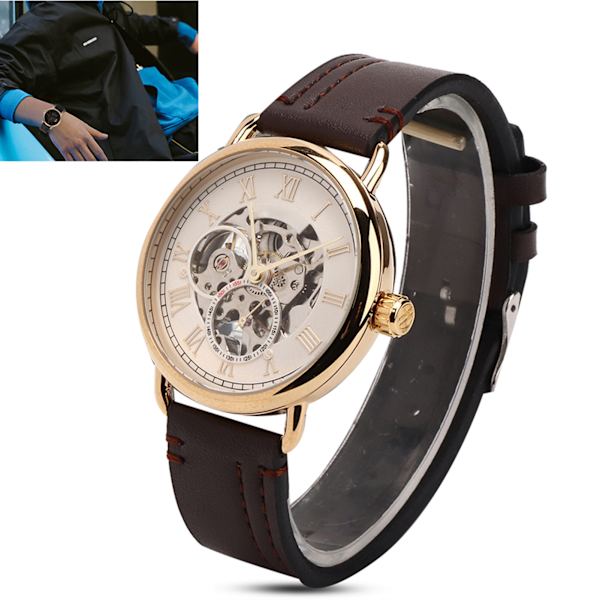FORSINING Trendig Armbandsur Mekanisk Halvautomatisk Ur med Hål Mönster för Män (Vit Yta, Guldfärgad Kassa)