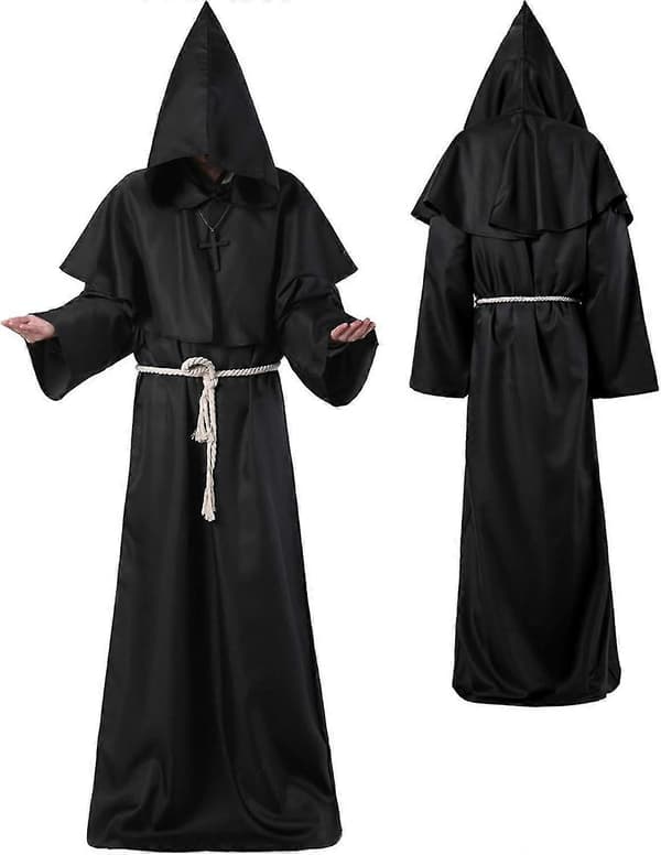 Middelalderlig kåbe til voksne, unisex, middelalderkappe, kappe, munk, præst, troldmand, tunika, 3 dele [BEMS] Black Large