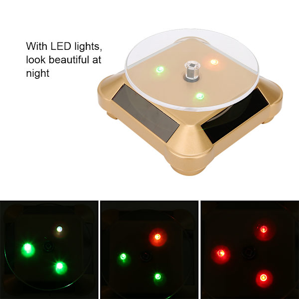 Solcellsdriven LED Elektrisk Roterande Turntable Displayställ för Smycken Telefon Guld med Ljus