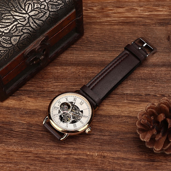 FORSINING Trendig Armbandsur Mekanisk Halvautomatisk Ur med Hål Mönster för Män (Vit Yta, Guldfärgad Kassa)