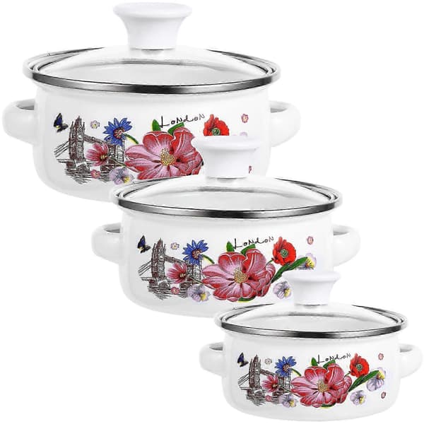【BEMS】Enamel Cooking Pot Flower Enamel Cookware Pots Double Handle 3pcs