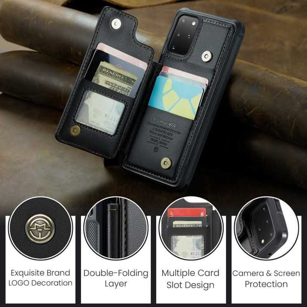 【BEMS】Stødsikkert etui kortholder stativ 4-slots kompatibel med Samsung S20 Sort