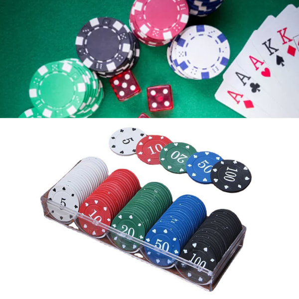 100 stk pokerbrikkesett 5 valører Klar utskrift utsøkt spillbrikkemynt med oppbevaringsboks for bordspill