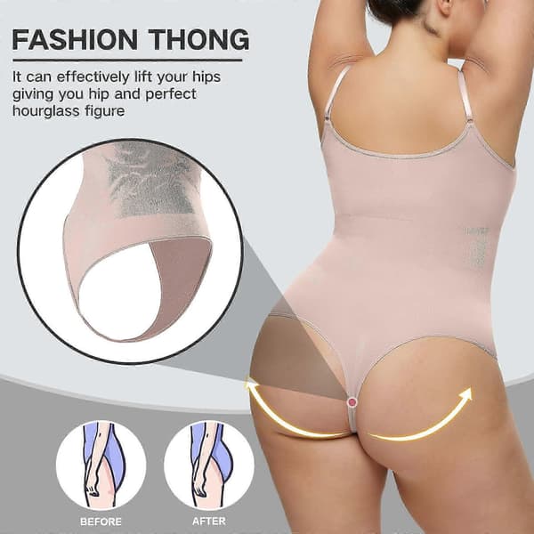 Bodysuit for kvinner, magekontroll, shapewear, sømløs, skulpturerende, stringtruser, kroppsformende singlet beige S