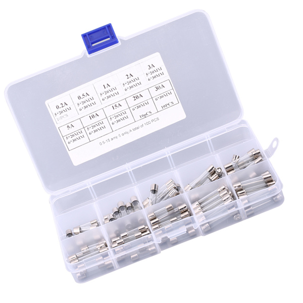 100 stk 5*20mm 6*30mm Sorteringspakning af Bilglassikringer 0,2A 0,5A 1A 2A 3A 5A 10A 15A 20A 30A