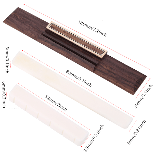 3-pack tonträde i rosenträ, sadel och mutter i ben för utbyte på klassisk gitarr