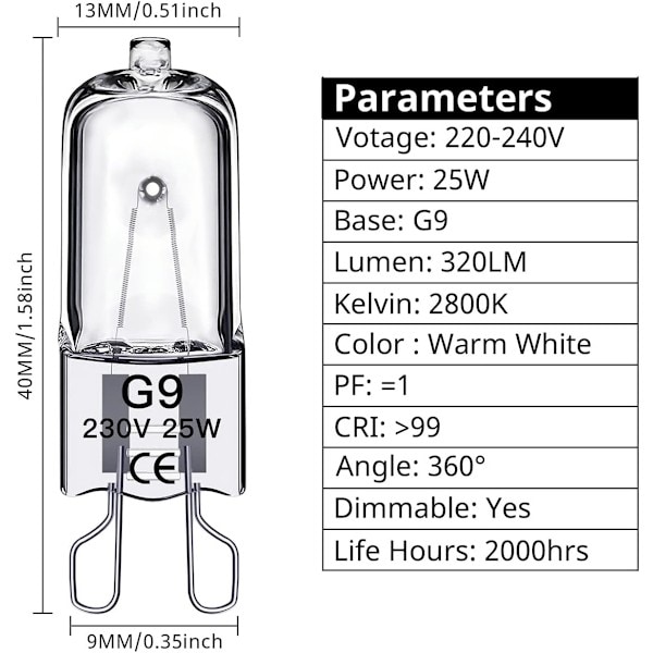 9 halogenlampor, 25 watt, 230 volt, 10 lampor per förpackning