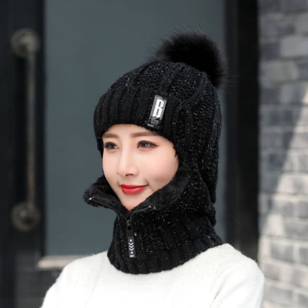 Naisten talvivillaneulehattu tuulenpitävä vetoketju, kaula, cover, fleece- cap musta