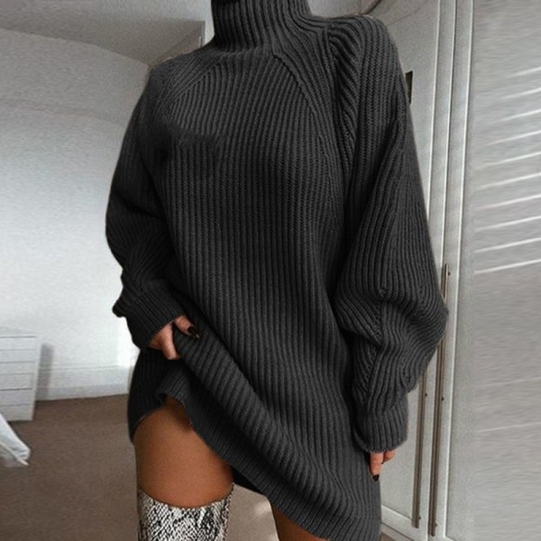 BE-Womens genserkjole Turtleneck Cable Knit Plus Size Party Sexy Minikjole Dark gray XXL