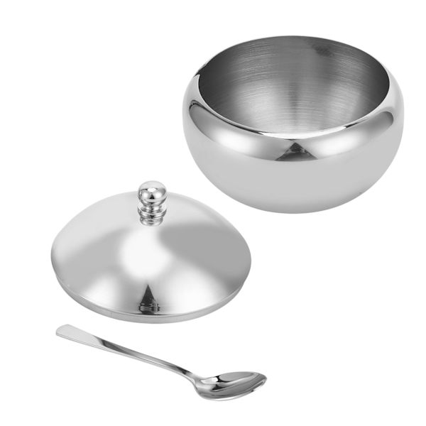 Krydderboks i rustfrit stål med låg og ske til sukker og salt