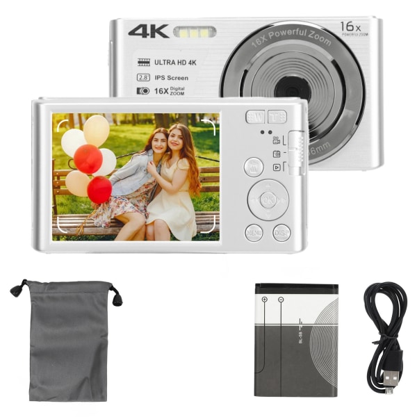 4K digitalkamera 48MP 2,8 tum 16X digital zoom bärbar kompaktkamera för tonåringar nybörjare Silver /