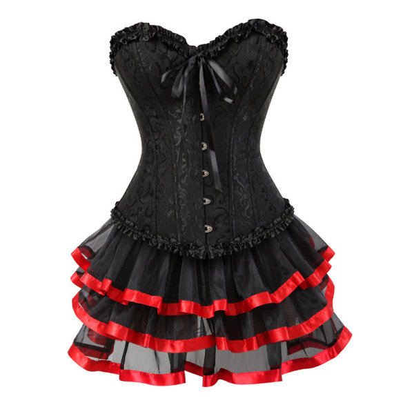 F.ttmstte Kvinders vintage victorianske Steampunk-korsetkjolesæt Sort korset med Tutu-nederdele Showgirl-kostume Red L